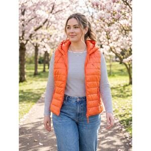 C'EST TOI USA Orange Hooded Puffer Vest Womens Medium J644 Lightweight Quilted